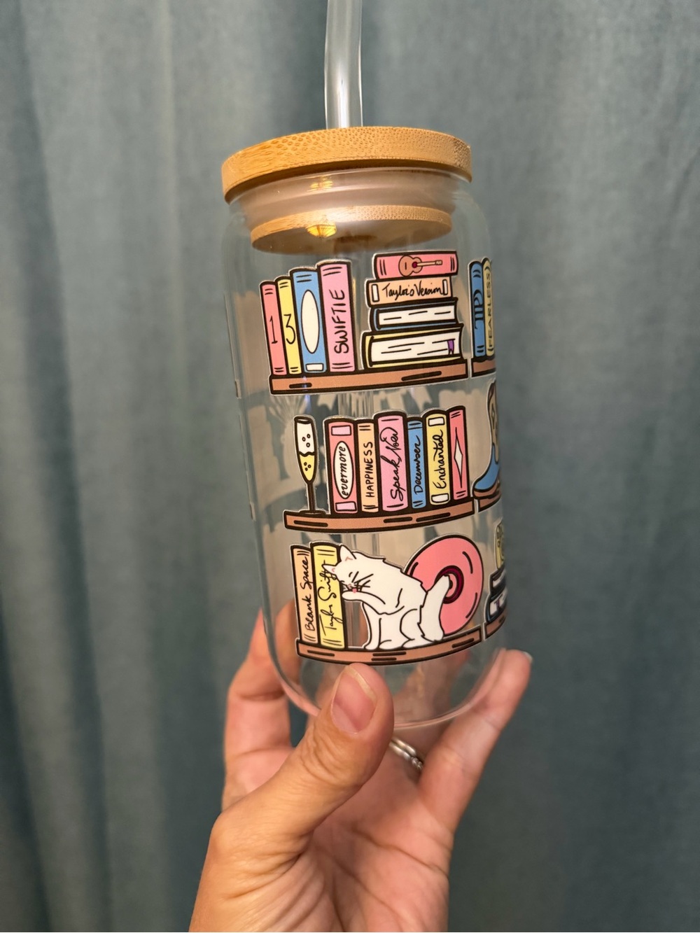 16 oz glass tumbler with lid and straw with custom book themed mug wrap